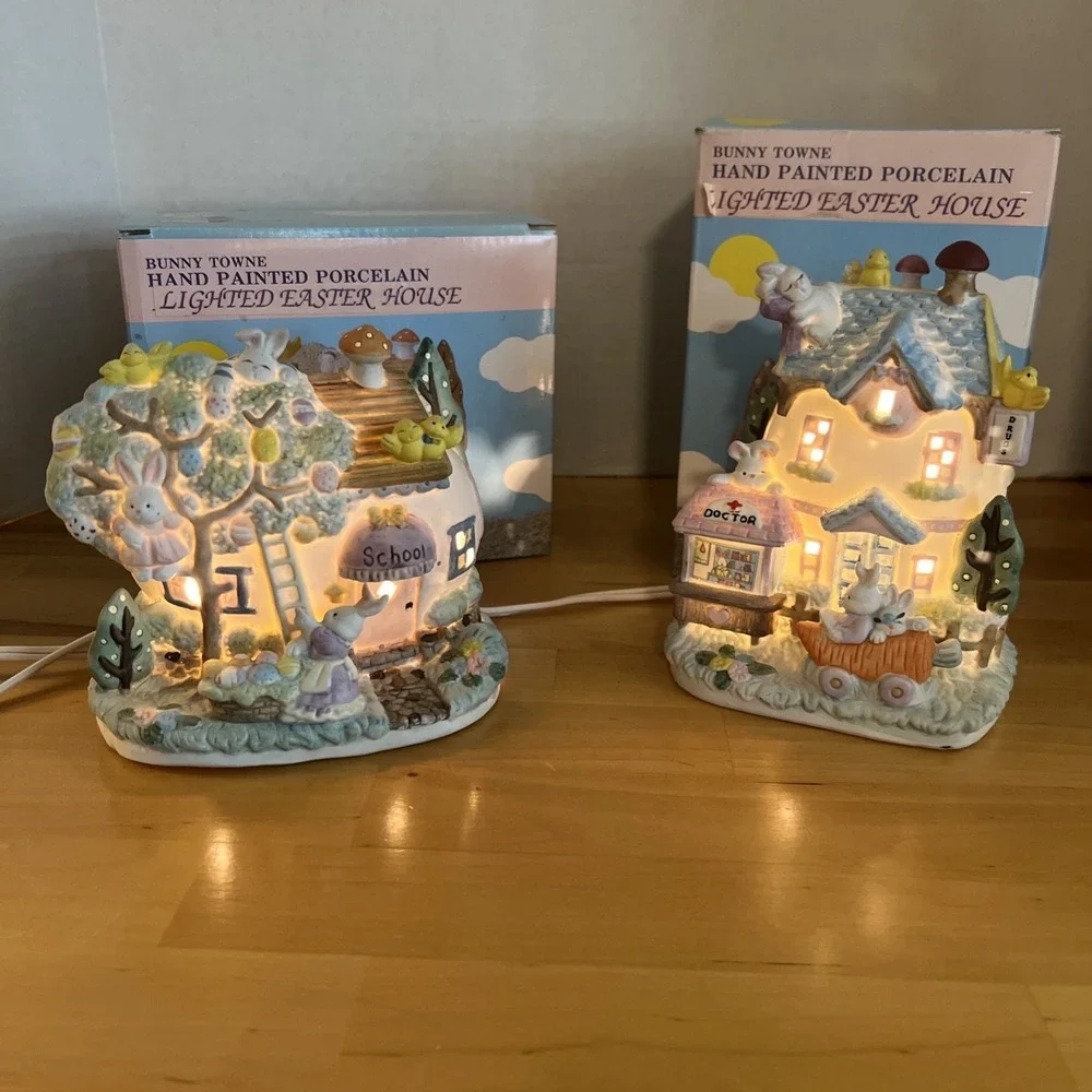 Vintage Bunny Towne Pair Hand Painted Porcelain Easter Houses Light Up